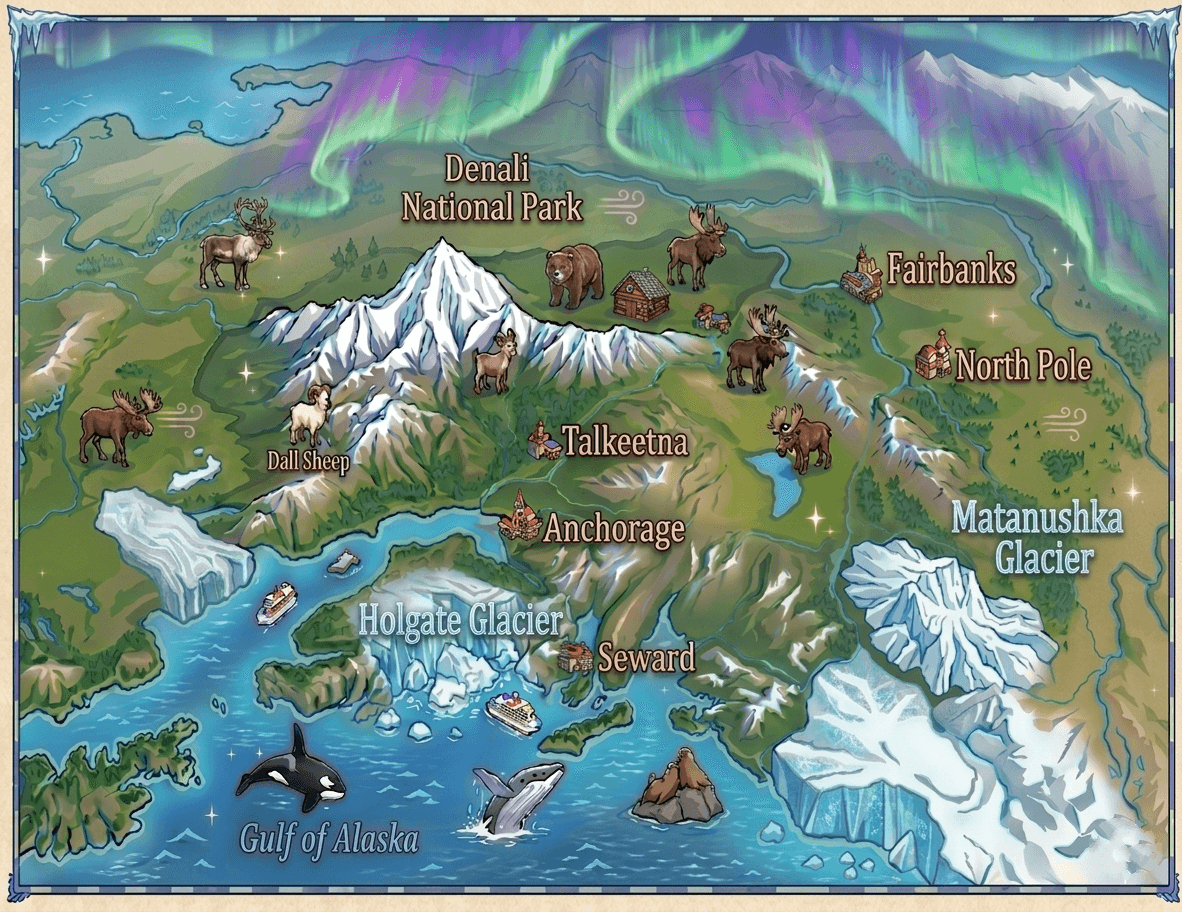 Illustrated map of Alaska showing Denali, Fairbanks, Anchorage, Seward, Talkeetna, and wildlife